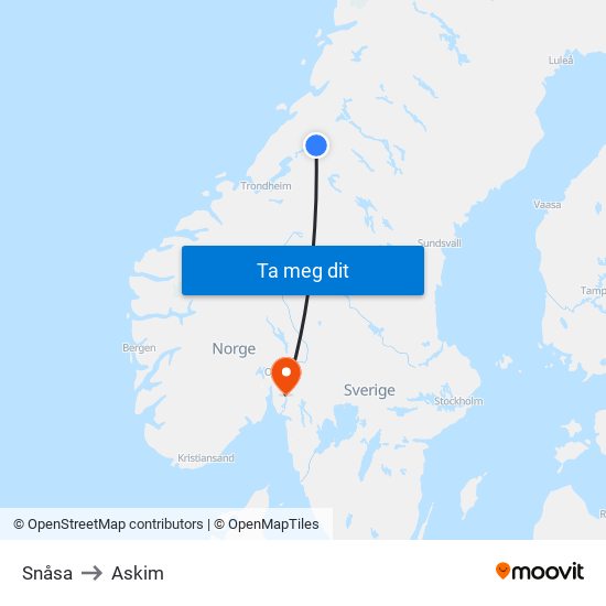 Snåsa to Askim map