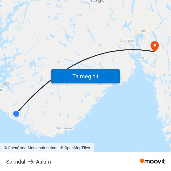 Sokndal to Askim map