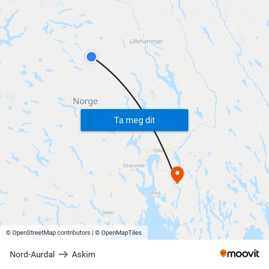Nord-Aurdal to Askim map