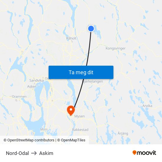 Nord-Odal to Askim map