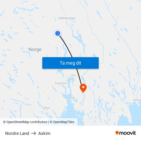 Nordre Land to Askim map