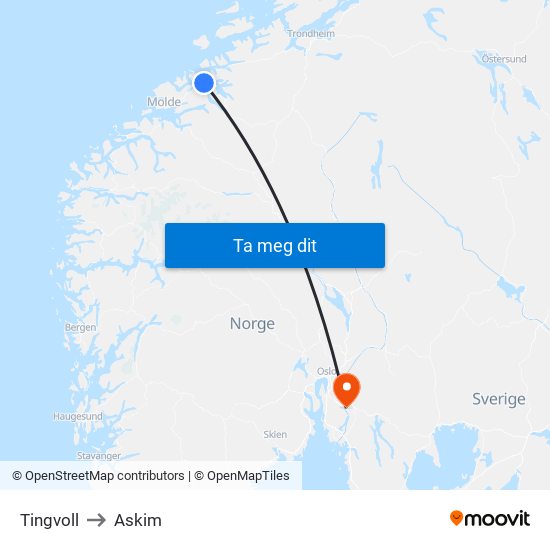 Tingvoll to Askim map