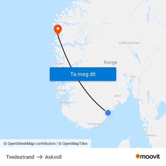 Tvedestrand to Askvoll map