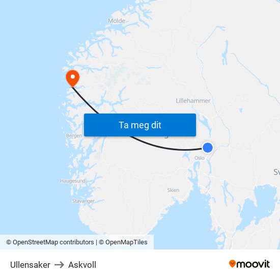 Ullensaker to Askvoll map