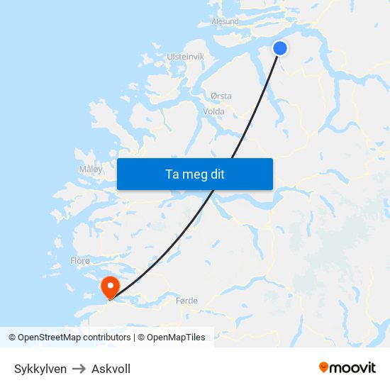 Sykkylven to Askvoll map