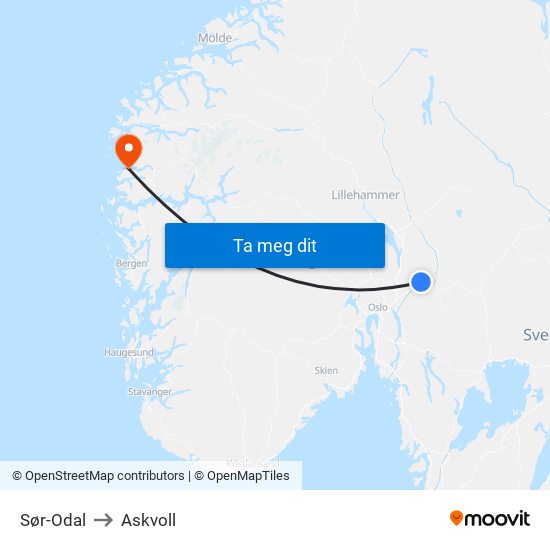 Sør-Odal to Askvoll map