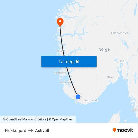 Flekkefjord to Askvoll map