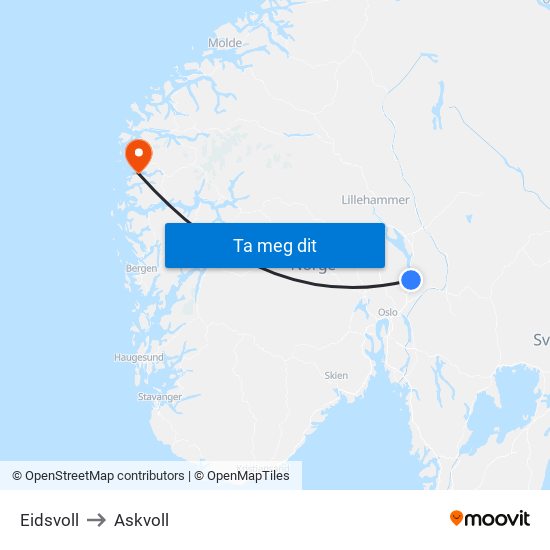 Eidsvoll to Askvoll map