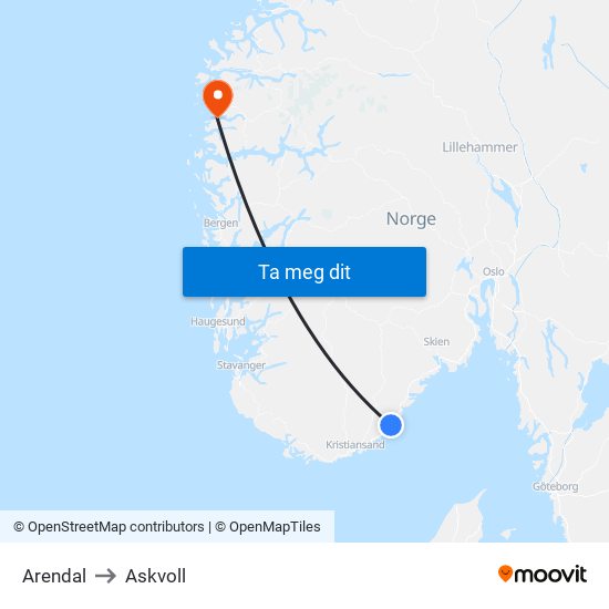 Arendal to Askvoll map