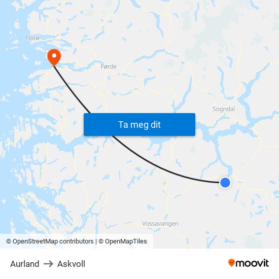 Aurland to Askvoll map