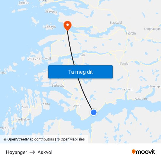 Høyanger to Askvoll map