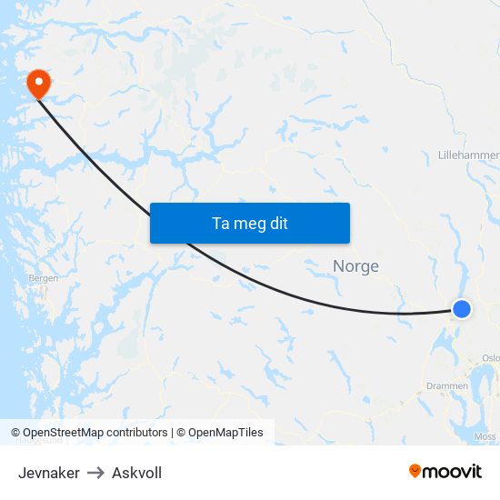 Jevnaker to Askvoll map