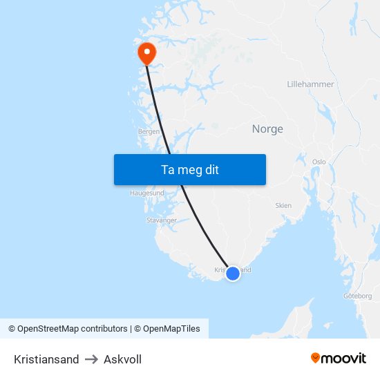 Kristiansand to Askvoll map