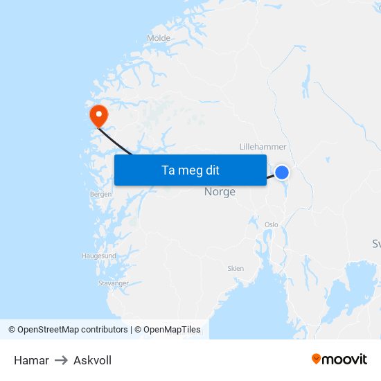 Hamar to Askvoll map