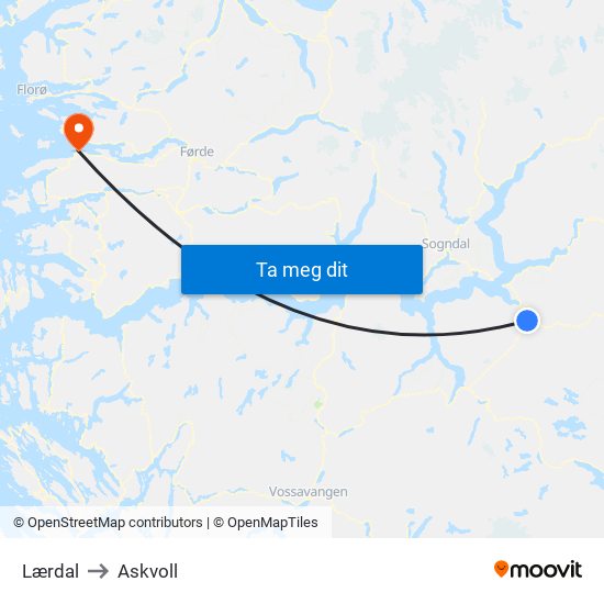 Lærdal to Askvoll map