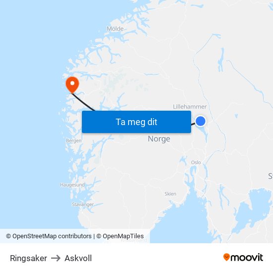 Ringsaker to Askvoll map