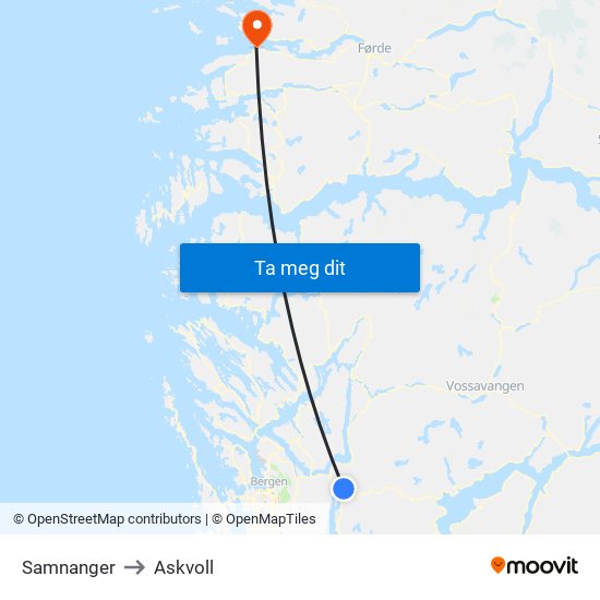 Samnanger to Askvoll map