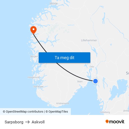 Sarpsborg to Askvoll map