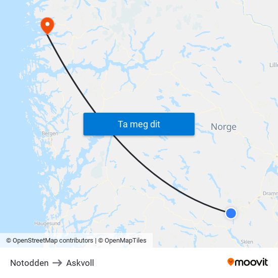 Notodden to Askvoll map