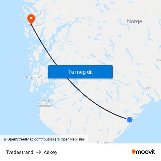 Tvedestrand to Askøy map