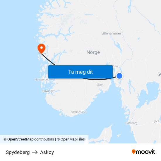 Spydeberg to Askøy map