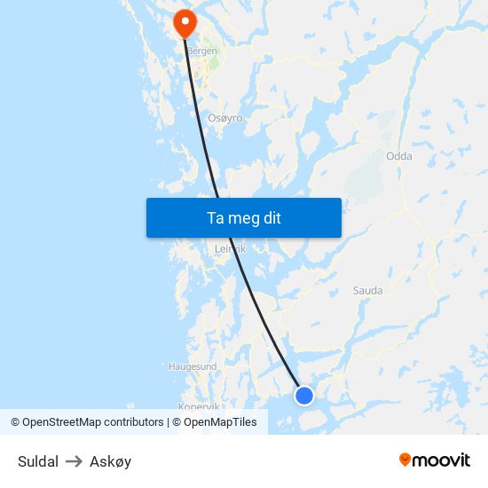 Suldal to Askøy map