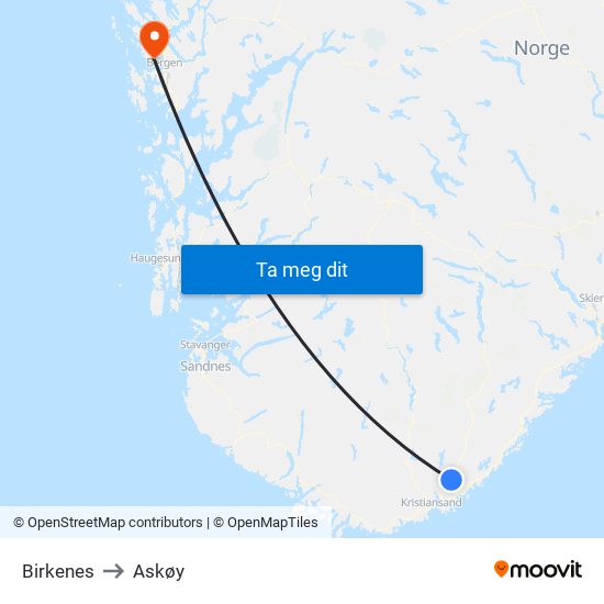 Birkenes to Askøy map