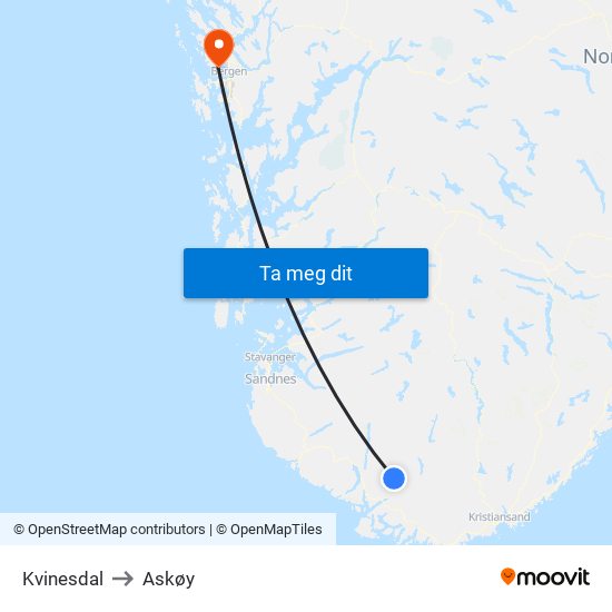 Kvinesdal to Askøy map
