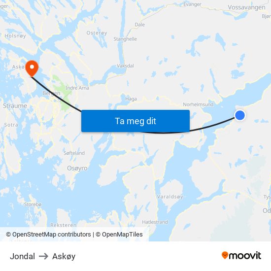 Jondal to Askøy map