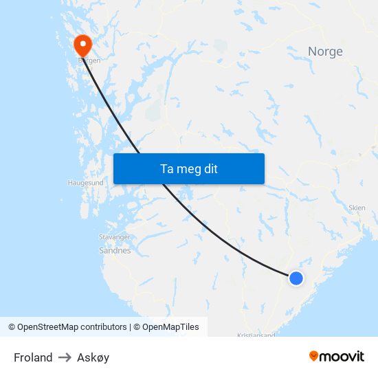 Froland to Askøy map