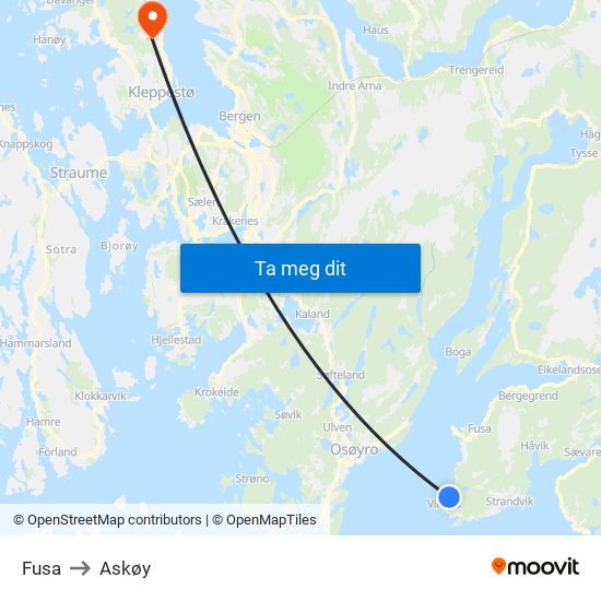 Fusa to Askøy map