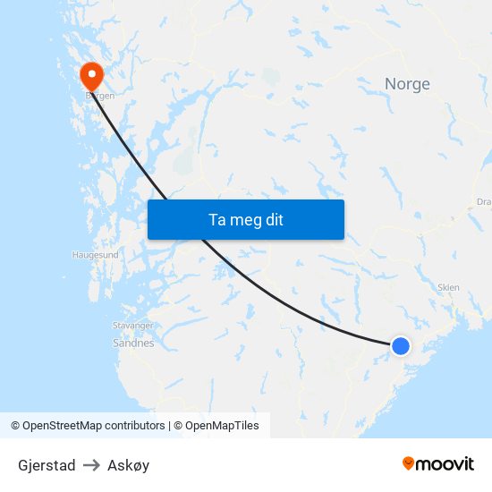 Gjerstad to Askøy map