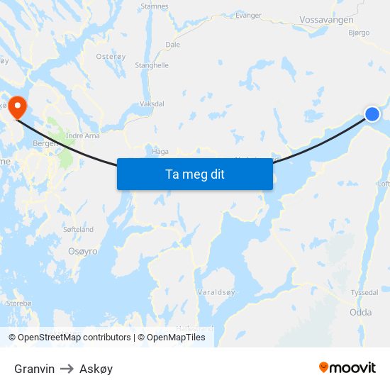 Granvin to Askøy map