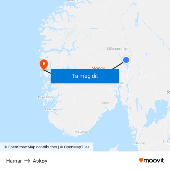 Hamar to Askøy map