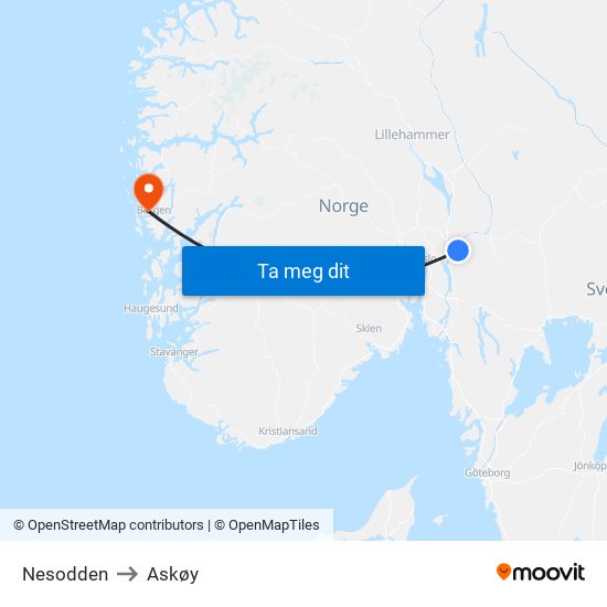 Nesodden to Askøy map