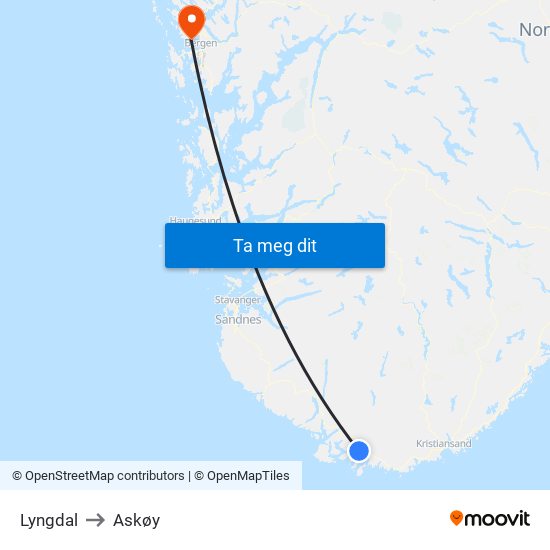 Lyngdal to Askøy map