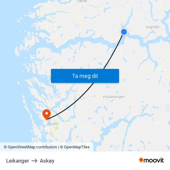 Leikanger to Askøy map