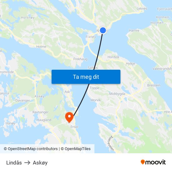 Lindås to Askøy map