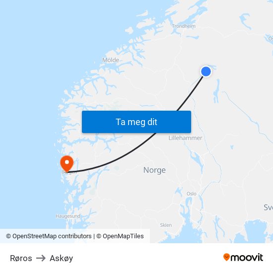 Røros to Askøy map