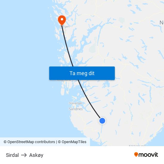 Sirdal to Askøy map