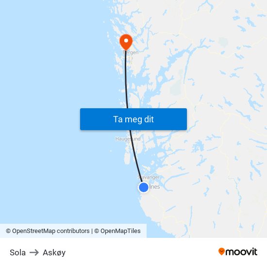 Sola to Askøy map