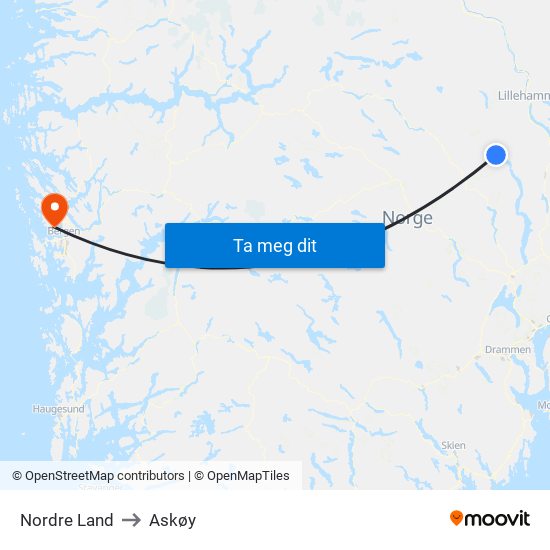Nordre Land to Askøy map