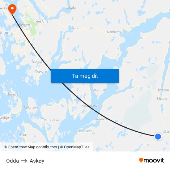 Odda to Askøy map
