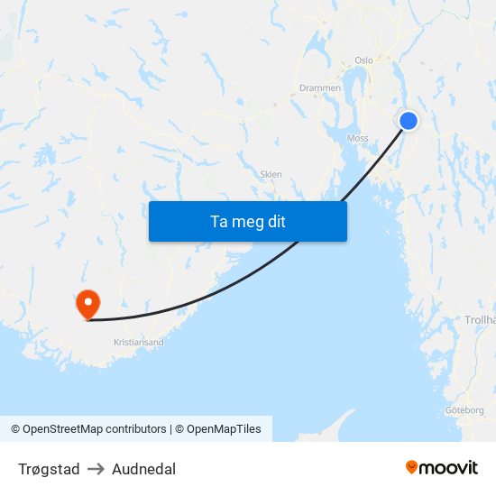 Trøgstad to Audnedal map