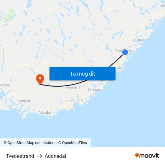 Tvedestrand to Audnedal map