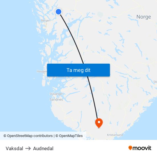 Vaksdal to Audnedal map