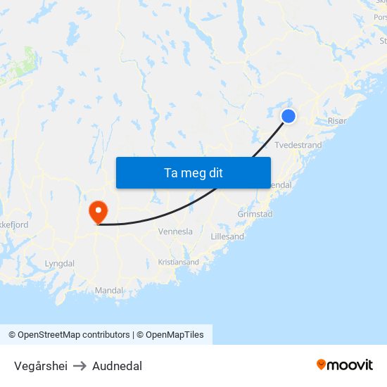 Vegårshei to Audnedal map