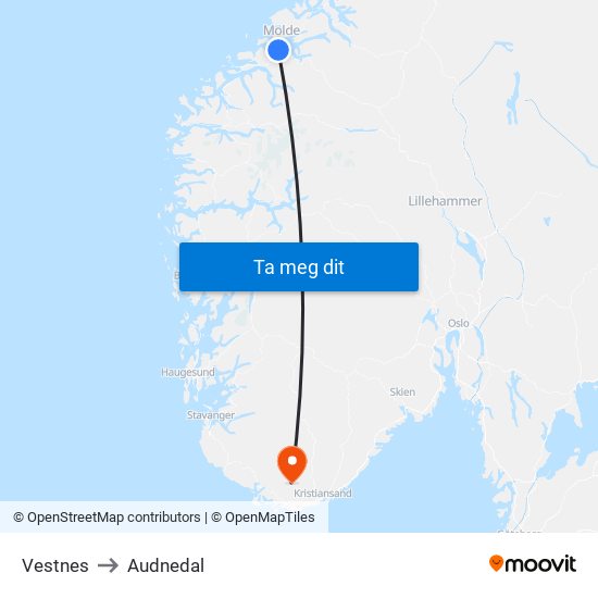 Vestnes to Audnedal map