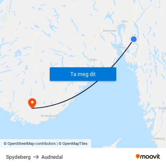 Spydeberg to Audnedal map