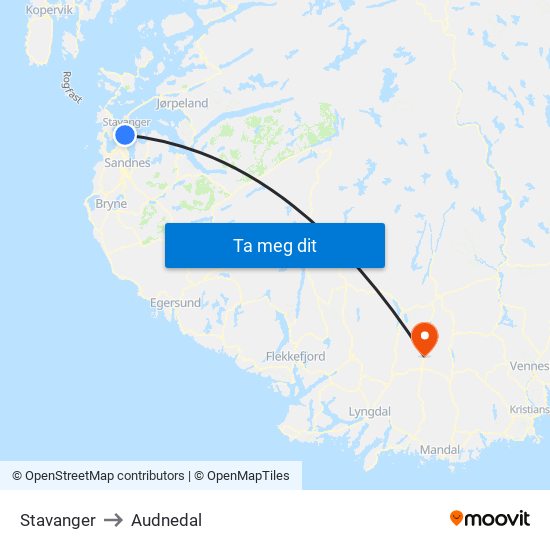 Stavanger to Audnedal map